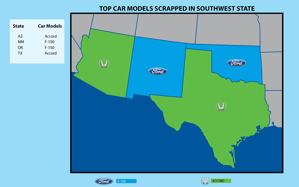 USA-Car-Models-map-SOUTHWEST_1 Top Junked Car by Southwestern States in 2021